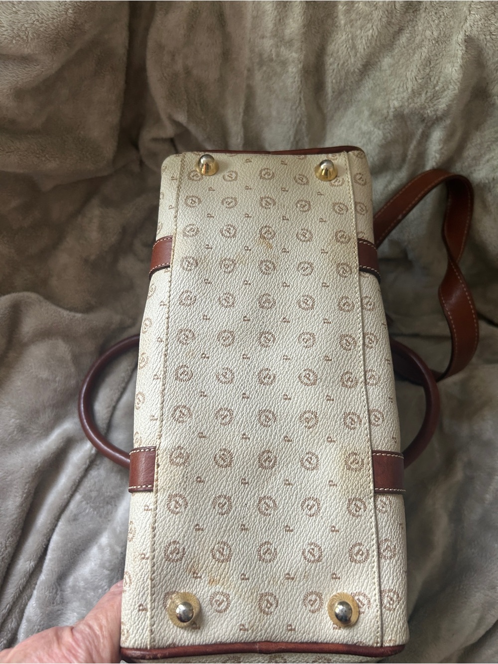 Pollini Satchel Bag Purse Brown Vintage Italian Leather Monogram Double Handle - Picture 5 of 12